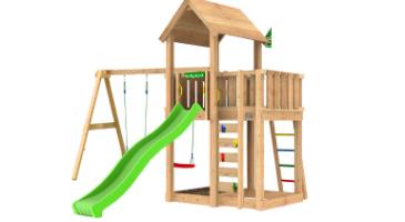 Legetårn Mansion 2.1, inkl. Swing modul, 120 kg sand, grøn rutschebane